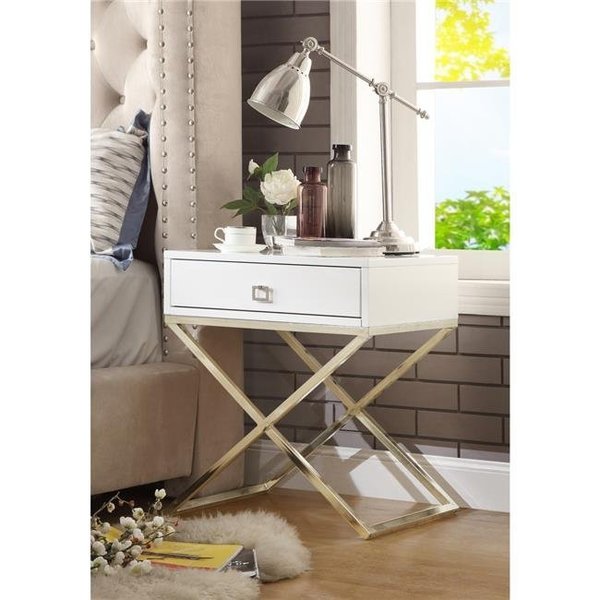 Posh Living Posh Living Brianna MDF Wood Modern Square Lacquer  Gold Steel X-Metal Leg Side Table  Accent Table & Nightstand - White ST23-09WG-UE